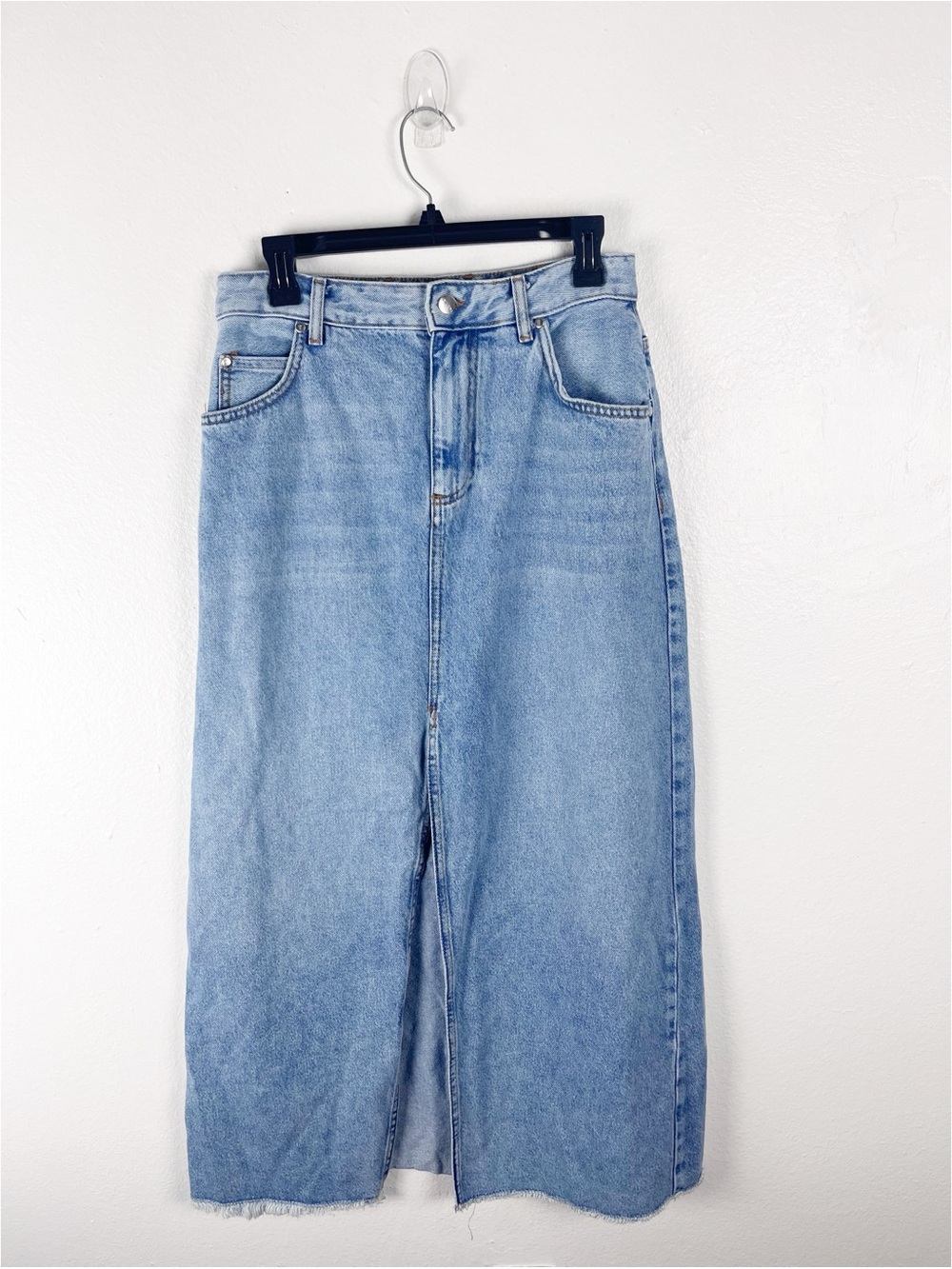 ANTHROPOLOGIE PILCRO The Madi Blue Front Split Taw Hem Denim Jean Skirt Size 8